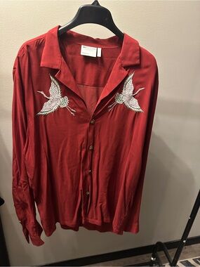 Asos Crimson Button-Down Shirt with White Crane Embroidery